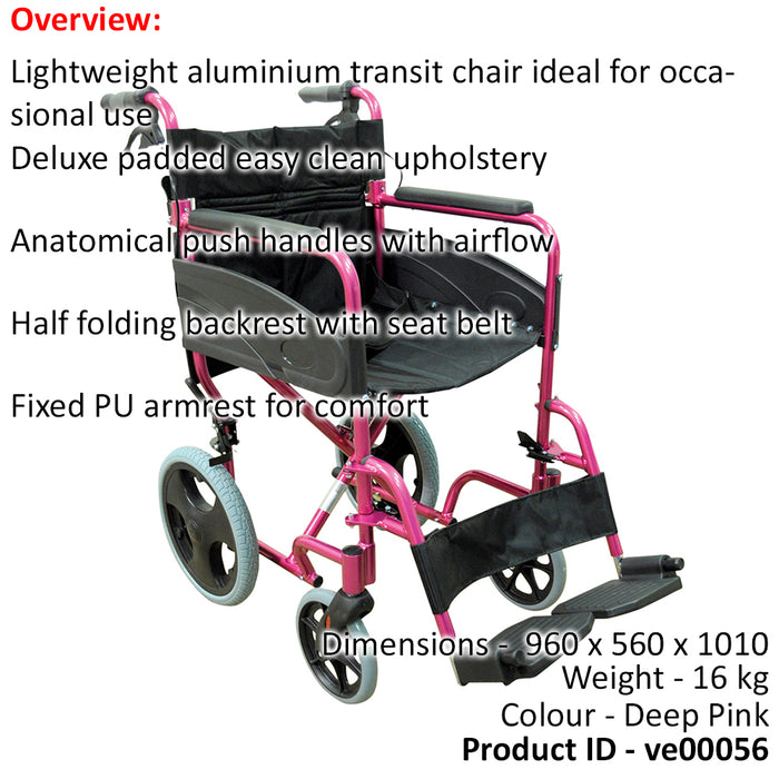 Lightweight Aluminium Compact Attendant Propelled Transport Wheelchair - Pink Loops