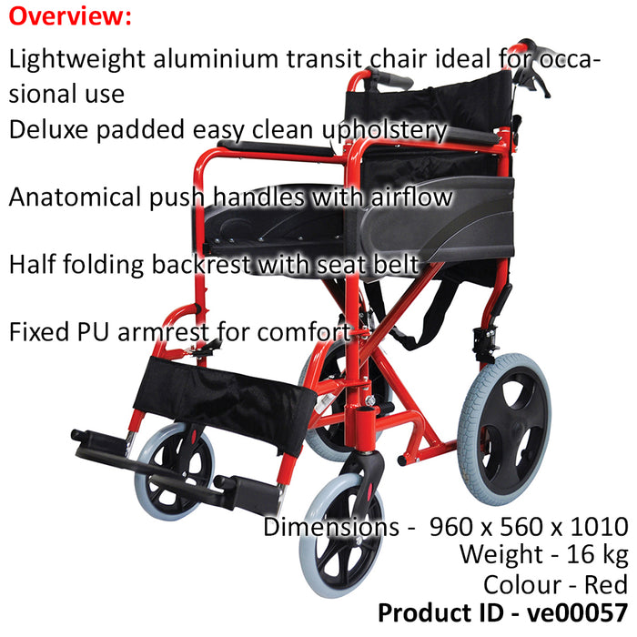 Lightweight Aluminium Compact Attendant Propelled Transport Wheelchair - Red Loops