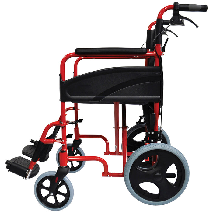 Lightweight Aluminium Compact Attendant Propelled Transport Wheelchair - Red Loops