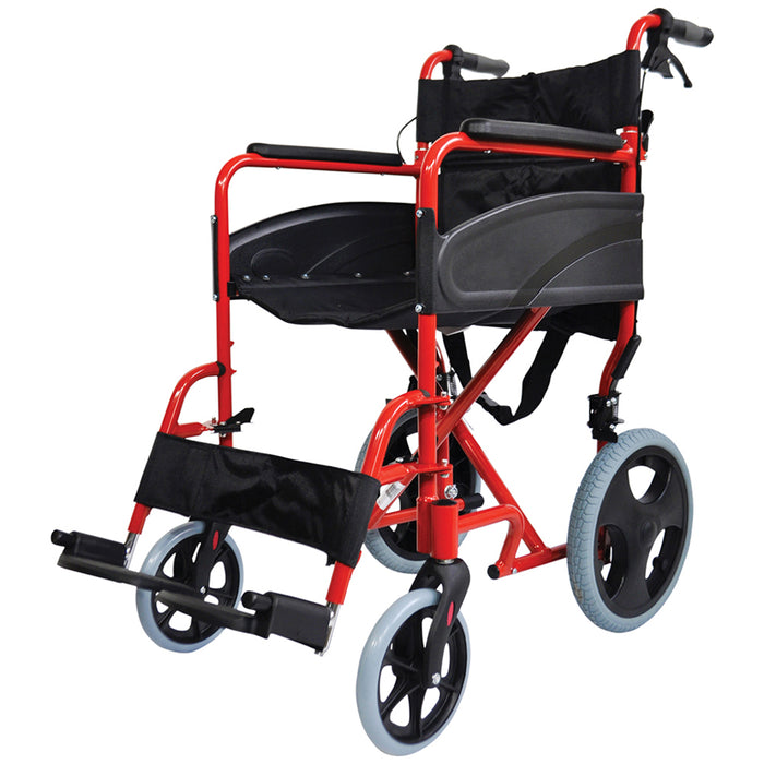 Lightweight Aluminium Compact Attendant Propelled Transport Wheelchair - Red Loops