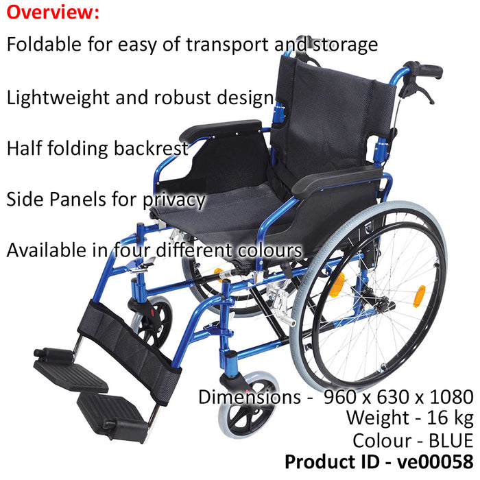 Deluxe Self Propelled Aluminium Wheelchair - Compact Foldable Design - Blue Loops