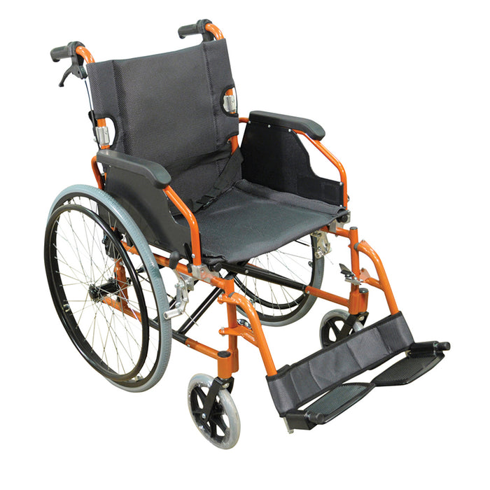 Deluxe Self Propelled Aluminium Wheelchair - Compact Foldable Design - Orange Loops