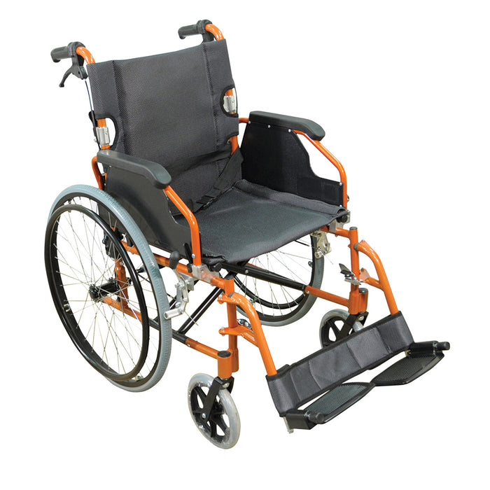 Deluxe Self Propelled Aluminium Wheelchair - Compact Foldable Design - Orange Loops