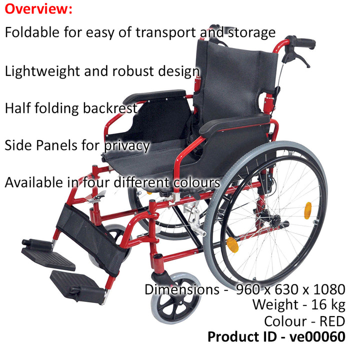 Deluxe Self Propelled Aluminium Wheelchair - Compact Foldable Design - Red Loops