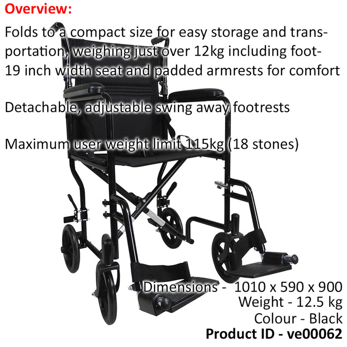 Lightweight Steel Compact Attendant Propelled Transit Wheelchair - Black Loops