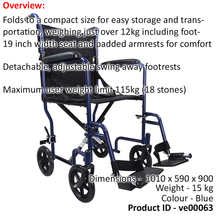 Lightweight Steel Compact Attendant Propelled Transit Wheelchair - Blue Loops