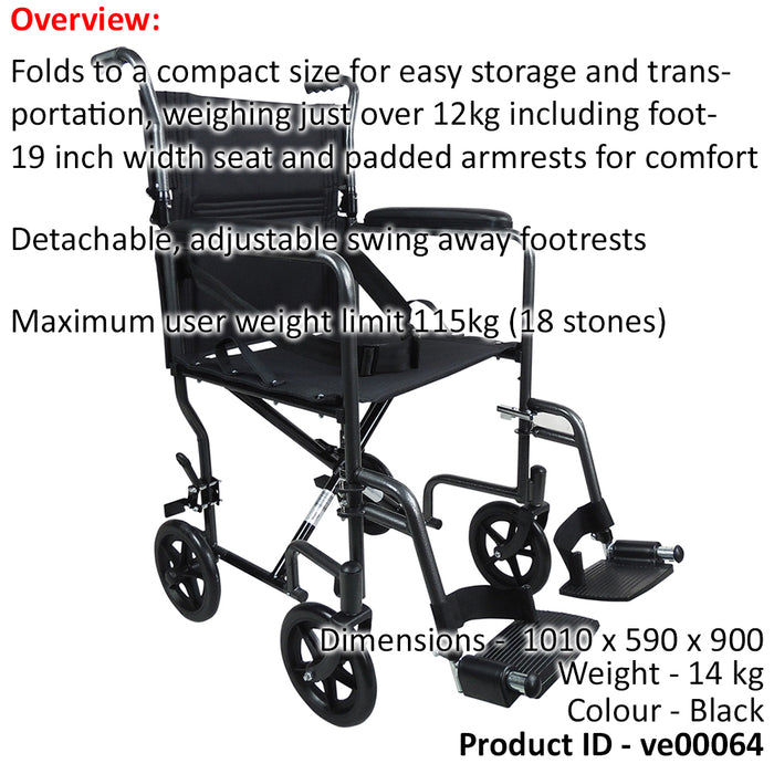 Lightweight Steel Compact Attendant Propelled Transit Wheelchair - Hammered Grey Loops