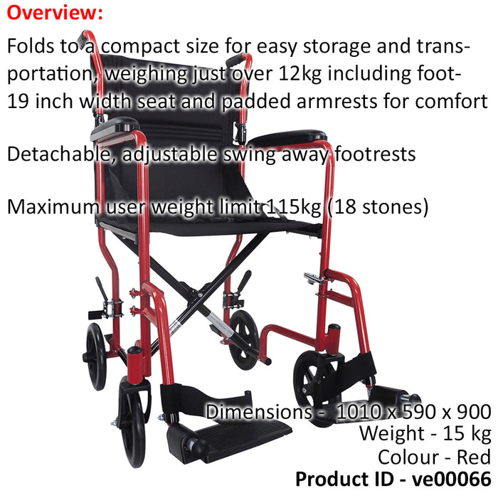 Lightweight Steel Compact Attendant Propelled Transit Wheelchair - Red Loops