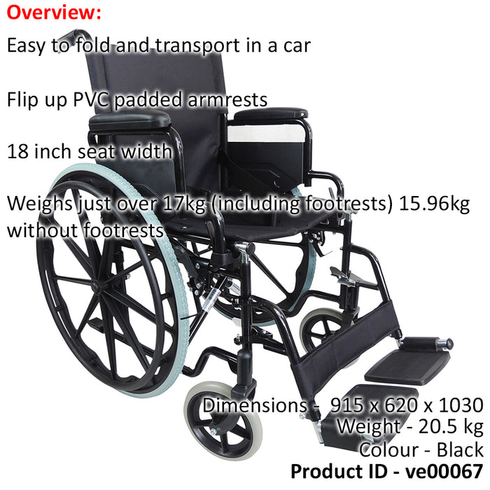 Lightweight Self Propelled Steel Transit Wheelchair - Foldable Design - Black Loops