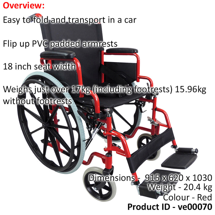 Lightweight Self Propelled Steel Transit Wheelchair - Foldable Design - Red Loops