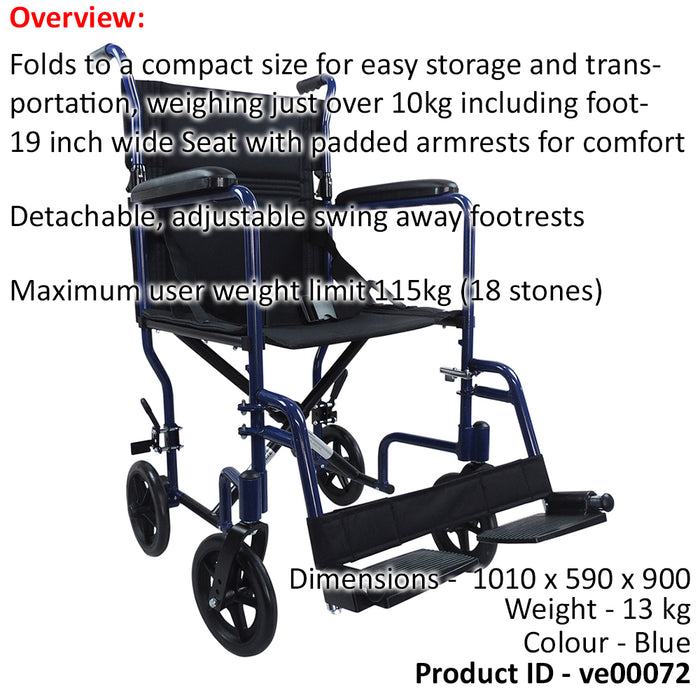 Compact Attendant Propelled Lightweight Aluminium Transit Wheelchair - Blue Loops