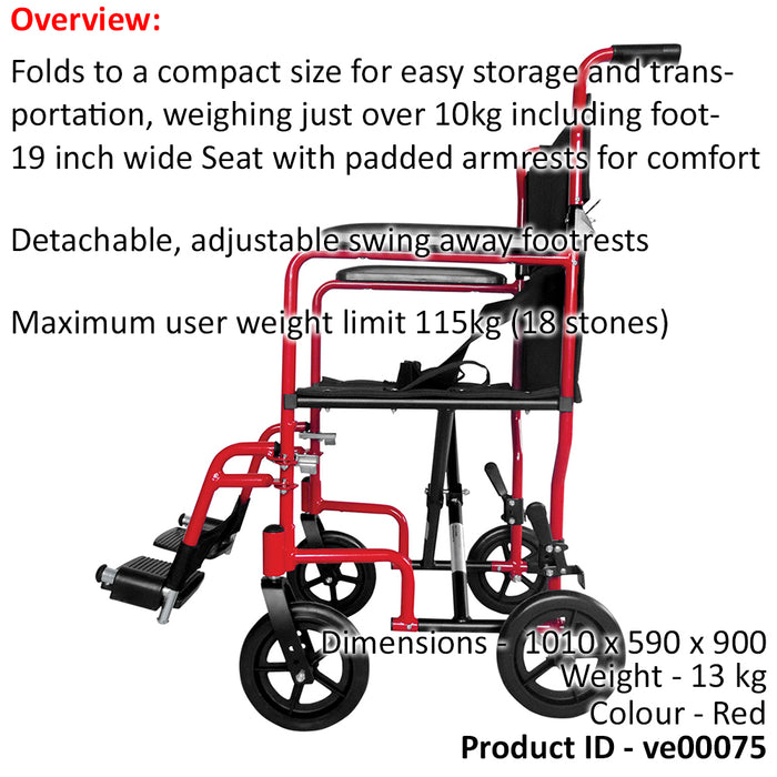 Compact Attendant Propelled Lightweight Aluminium Transit Wheelchair - Red Loops