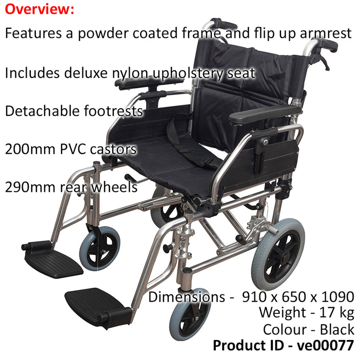 Deluxe Attendant Propelled Transit Wheelchair - Nylon Seat - 150kg Weight Limit Loops