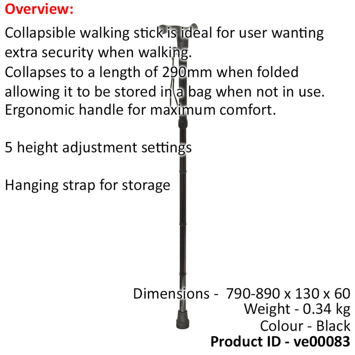 Collapsible Telescopic Left Handed Ergonomic Walking Stick - 5 Height Settings Loops