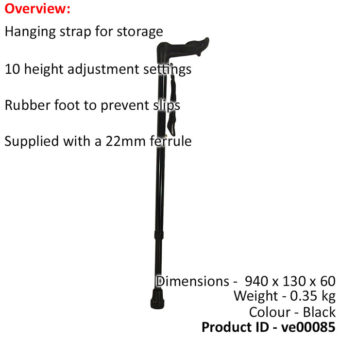 Left Handed Ergonomic Handled Walking Stick - Extendable - 10 Height Settings Loops