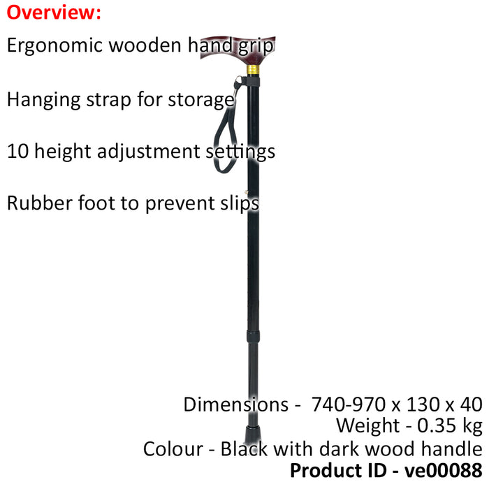 Extending Walking Stick with Ergonomic Wooden Handle - 10 Height Settings Loops