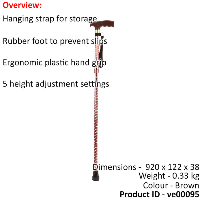 Brown Extendable Walking Stick with Plastic Handle - Engraved Pattern - Foldable Loops