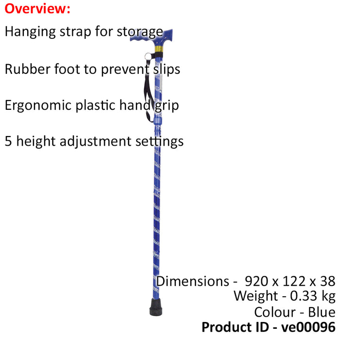 Blue Extendable Walking Stick with Plastic Handle - Engraved Pattern - Foldable Loops