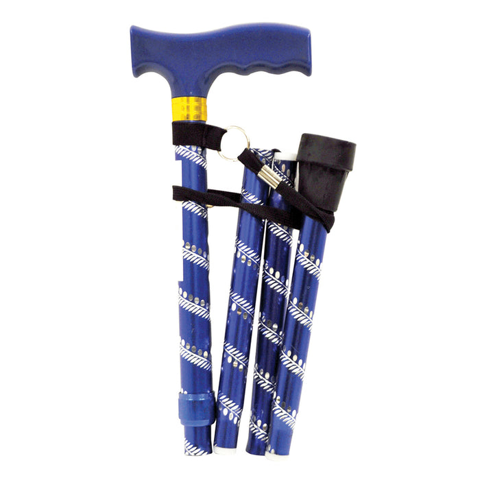 Blue Extendable Walking Stick with Plastic Handle - Engraved Pattern - Foldable Loops