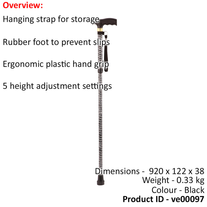Black Extendable Walking Stick with Plastic Handle - Engraved Pattern - Foldable Loops