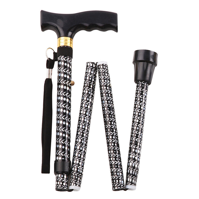Black Extendable Walking Stick with Plastic Handle - Engraved Pattern - Foldable Loops