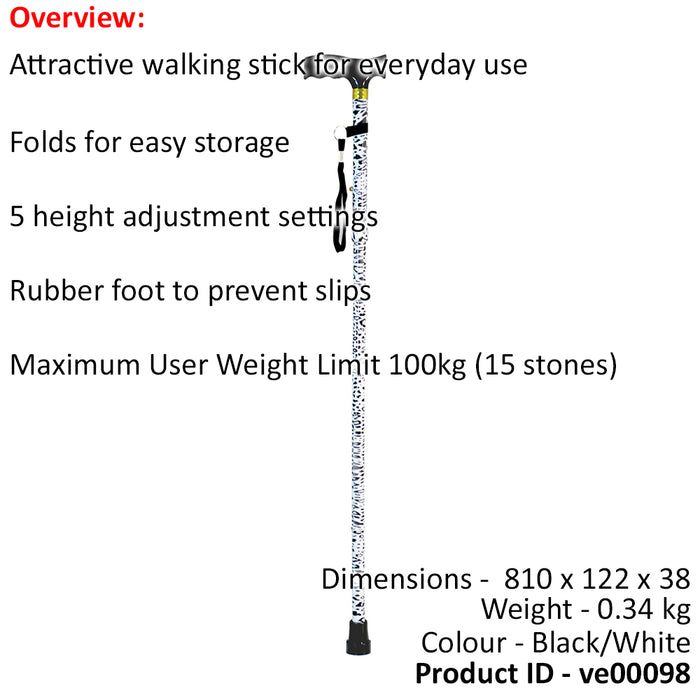 Plastic Handled Folding Extendable Walking Stick - Black & White Animal Print Loops