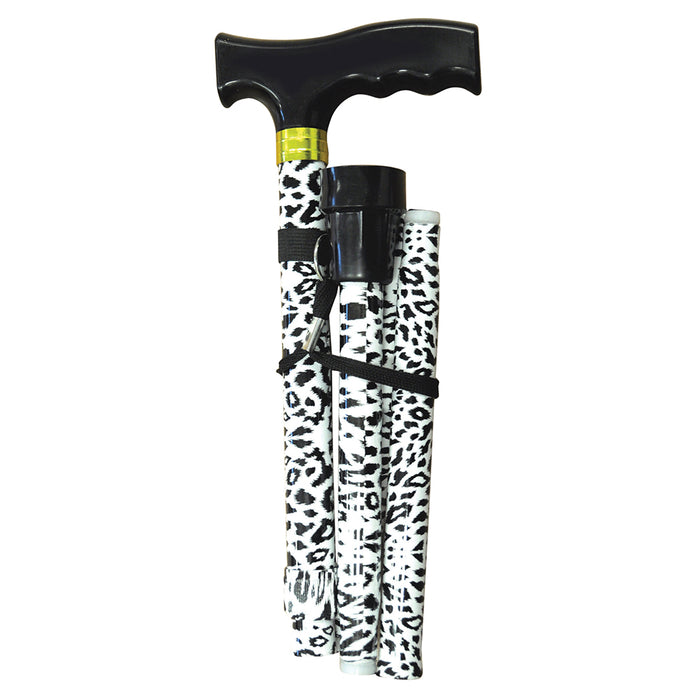 Plastic Handled Folding Extendable Walking Stick - Black & White Animal Print Loops