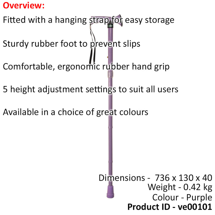 Foldable Walking Stick with Ergonomic Rubber Handle - 5 Height Settings - Purple Loops