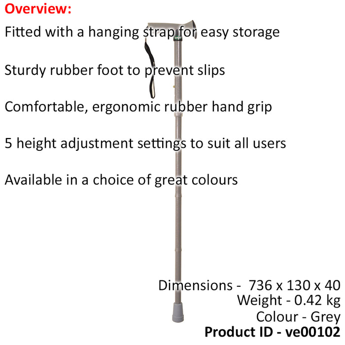 Foldable Walking Stick with Ergonomic Rubber Handle - 5 Height Settings - Grey Loops