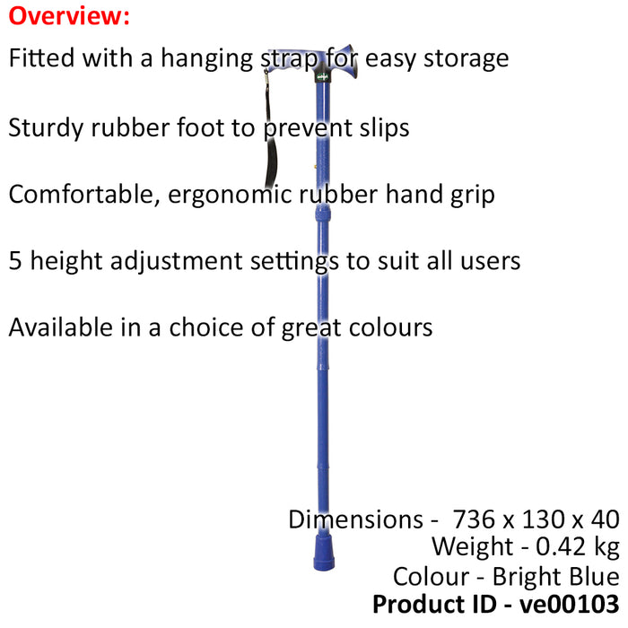 Foldable Walking Stick with Ergonomic Rubber Handle - 5 Height Settings - Blue Loops