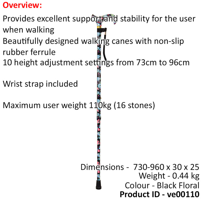 Deluxe Ambidextrous Walking Cane - 10 Height Settings - Black Floral Pattern Loops