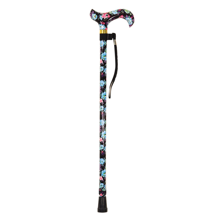 Deluxe Ambidextrous Walking Cane - 10 Height Settings - Black Floral Pattern Loops