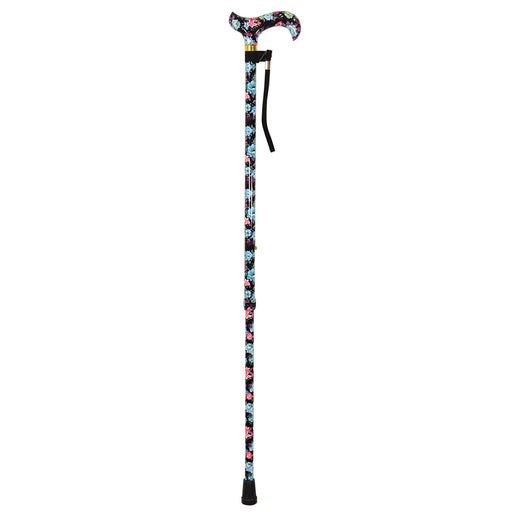 Deluxe Ambidextrous Walking Cane - 10 Height Settings - Black Floral Pattern Loops