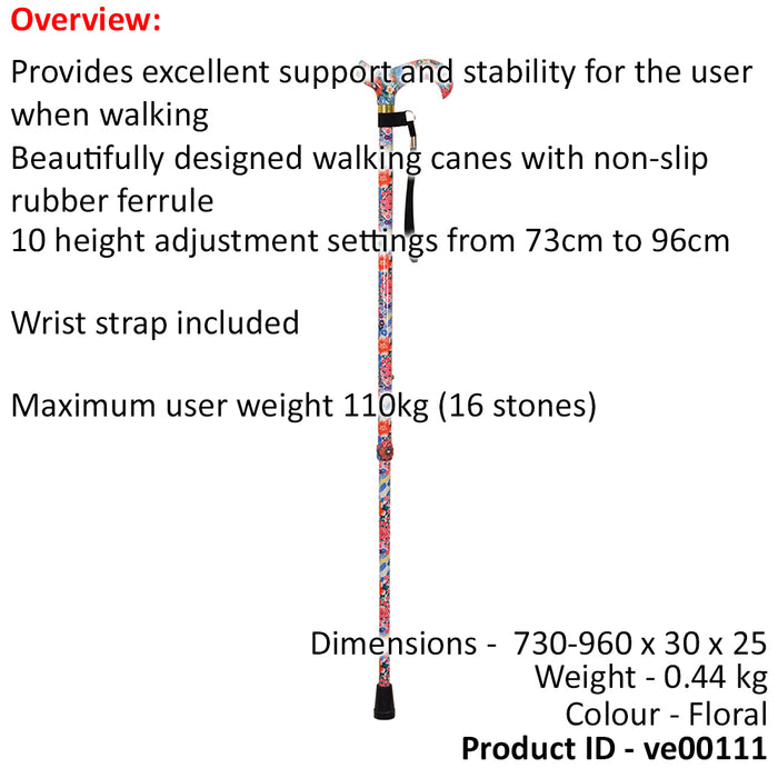 Deluxe Ambidextrous Walking Cane - 10 Height Settings - Floral Pattern Loops