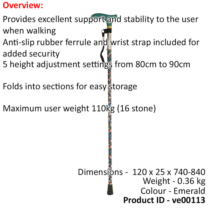 Deluxe Ambidextrous Foldable Walking Cane - 5 Height Settings - Emerald Floral Loops