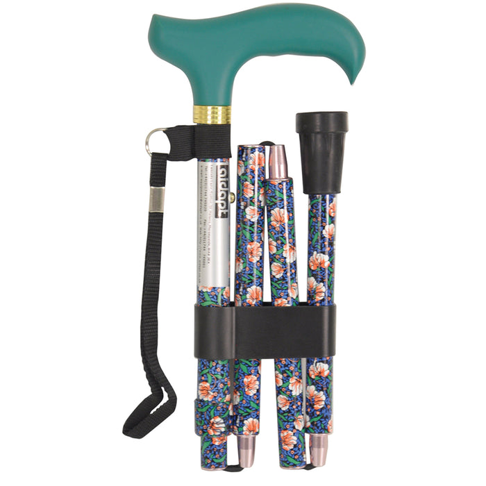 Deluxe Ambidextrous Foldable Walking Cane - 5 Height Settings - Emerald Floral Loops