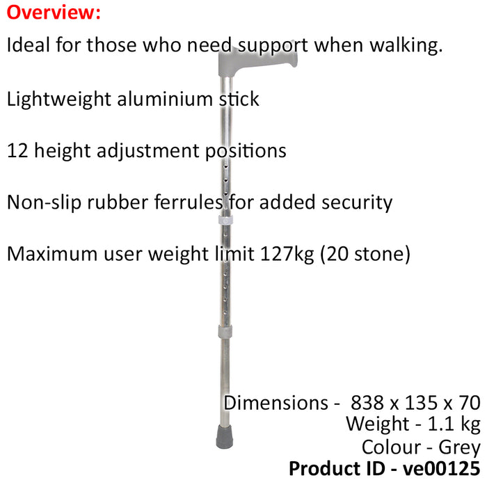Ambidextrous Lightweight Aluminium Walking Stick - 12 Height Settings - Large Loops