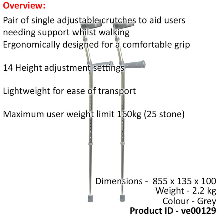 PAIR PVC Wedge Handled Aluminium Elbow Crutch - Single Height Adjustment Loops