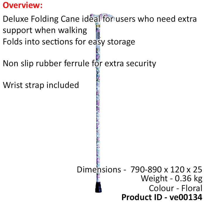 Deluxe Ambidextrous Foldable Walking Cane - 5 Height Settings - Floral Design Loops