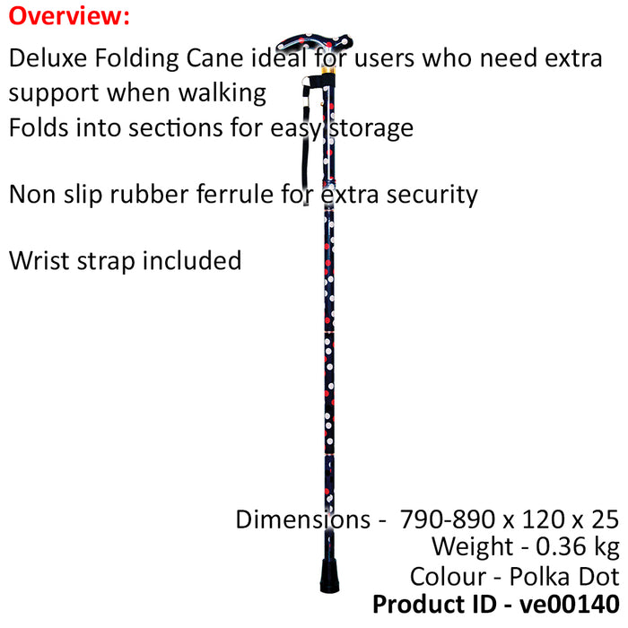 Deluxe Ambidextrous Foldable Walking Cane - 5 Height Settings - Polka Dot Loops