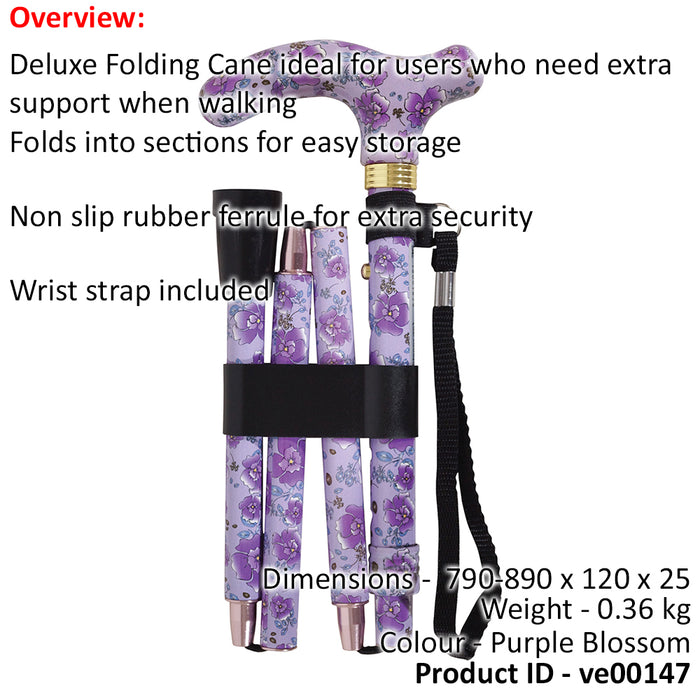 Deluxe Ambidextrous Foldable Walking Cane - 5 Height Settings - Purple Blossom Loops