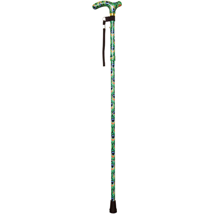 Deluxe Ambidextrous Foldable Walking Cane - 5 Height Settings - Peacock Design Loops