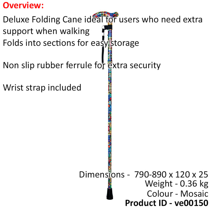 Deluxe Ambidextrous Foldable Walking Cane - 5 Height Settings - Mosaic Design Loops