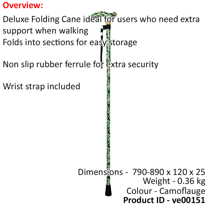 Deluxe Ambidextrous Foldable Walking Cane - 5 Height Settings - Camoflauge Loops