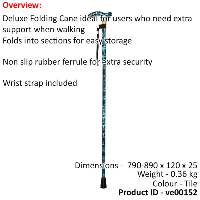 Deluxe Ambidextrous Foldable Walking Cane - 5 Height Settings - Tile Design Loops