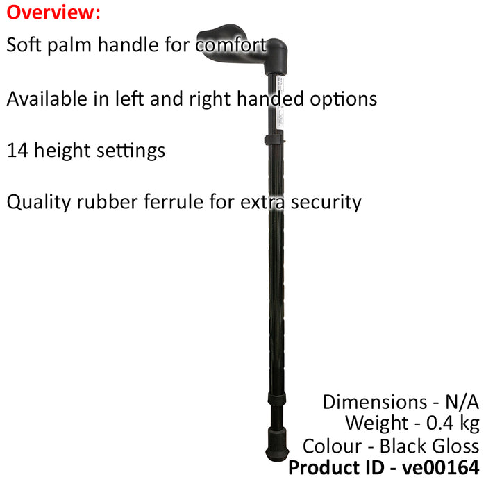 Left Handed Ergonomic Handled Walking Stick - Telescopic Height - Gloss Black Loops