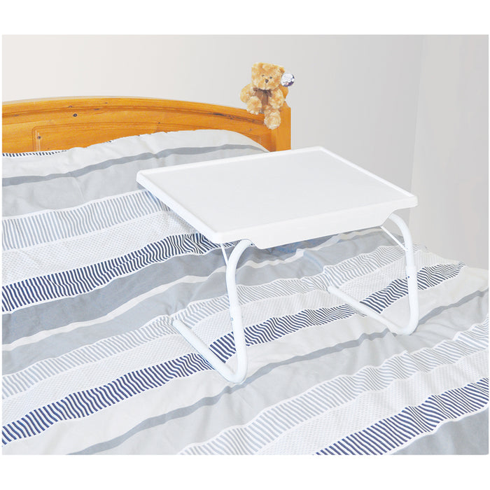 Portable White Bed Table for Reading Writing - Adjustable Laptop Bed Tray Loops