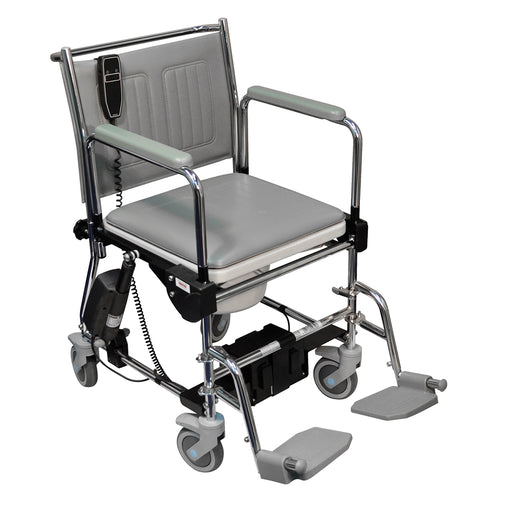 Lift Assist Mobile Commode Chair - Seat Lift and Tilt Function - Braked Castors Loops