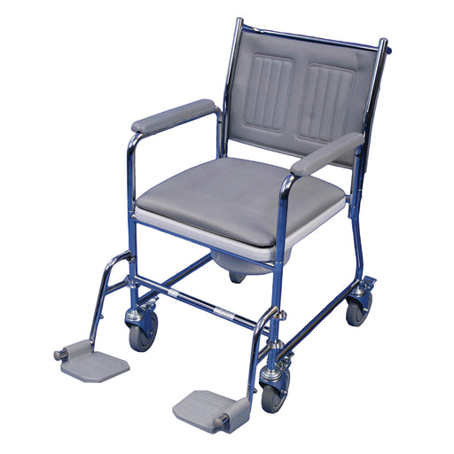 Mobile Wheeled Commode - Detachable Footrests - 7.5 Litre Pail - Braked Castors Loops