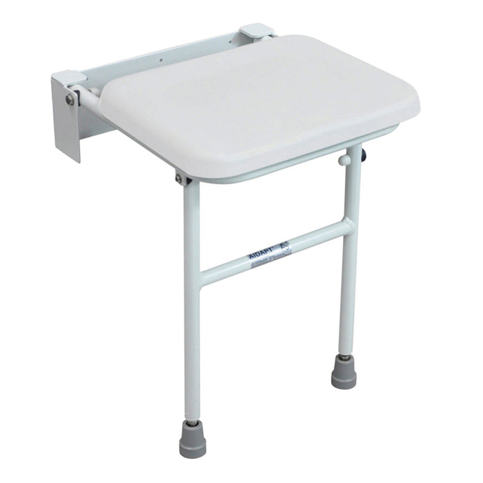 Compact Folding Shower Seat with Support Legs - White Padded Seat - Wall Mounted Loops